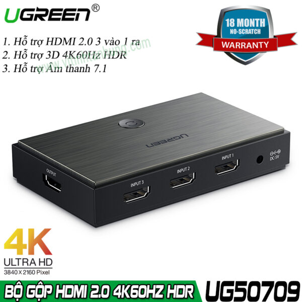 Bộ gộp HDMI 3 vào 1 ra HDMI 2.0 hỗ trợ 4Kx2K/60Hz chính hãng Ugreen 50709 cao cấp