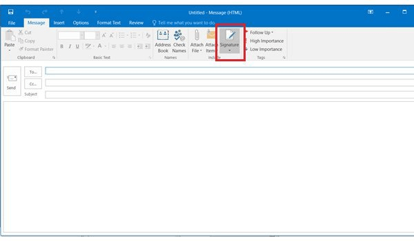 cach-tao-chu-ky-outlook-signature Click vào mục “Signature” (chữ ký) trong menu “Message”.