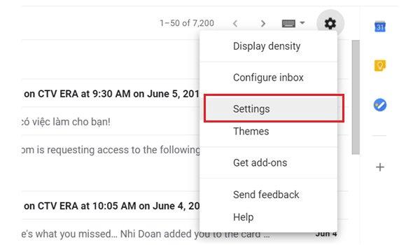 tao-chu-ky-email-tren-gmail-settings Mở tài khoản Gmail của bạn. Sau đó, click vào biểu tượng bánh răng cưa ở góc phải màn hình và chọn “Settings”.