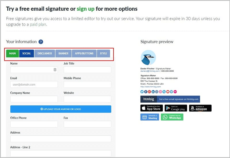 tao-chu-ky-email-tren-htmlsig-dien-thong-tin Điền thông tin vào các mục tương ứng Main, Social, Disclaimer, Banner,…